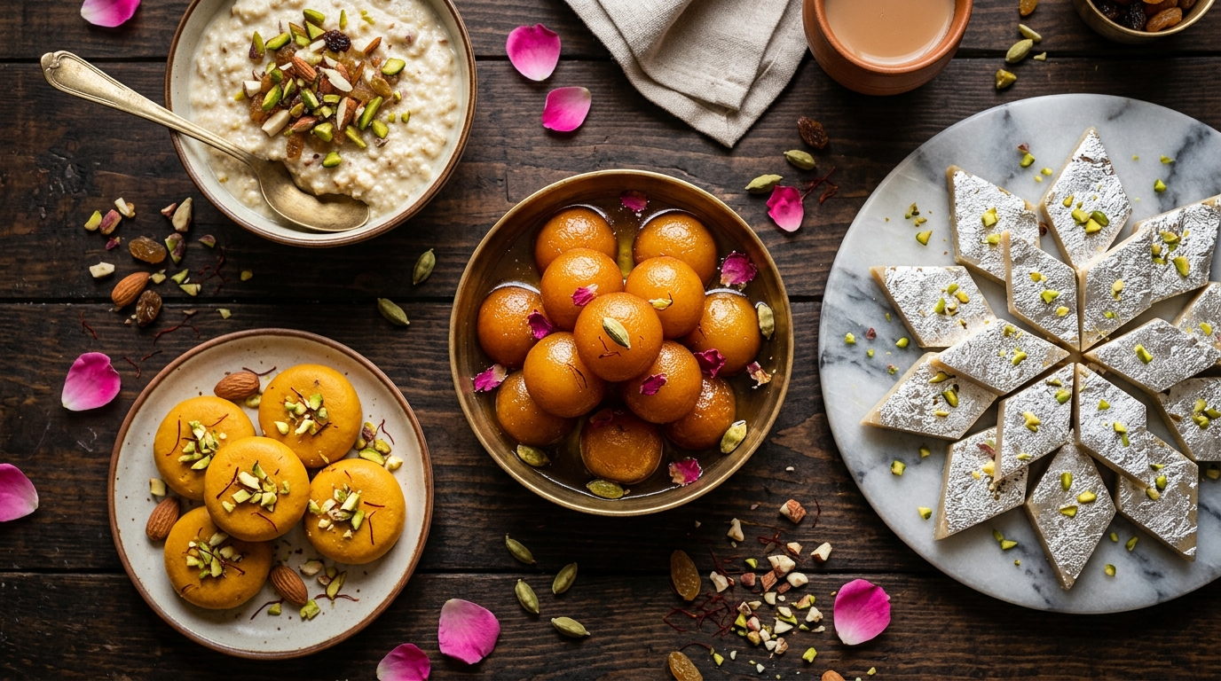A beautiful spread of Indian sweets including Gulab Jamun, Kaju Barfi, Jamuna Peda and Malai Khurachan