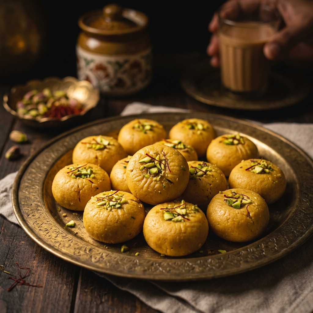 Jamuna Peda — our signature golden milk sweet garnished with pistachios and saffron