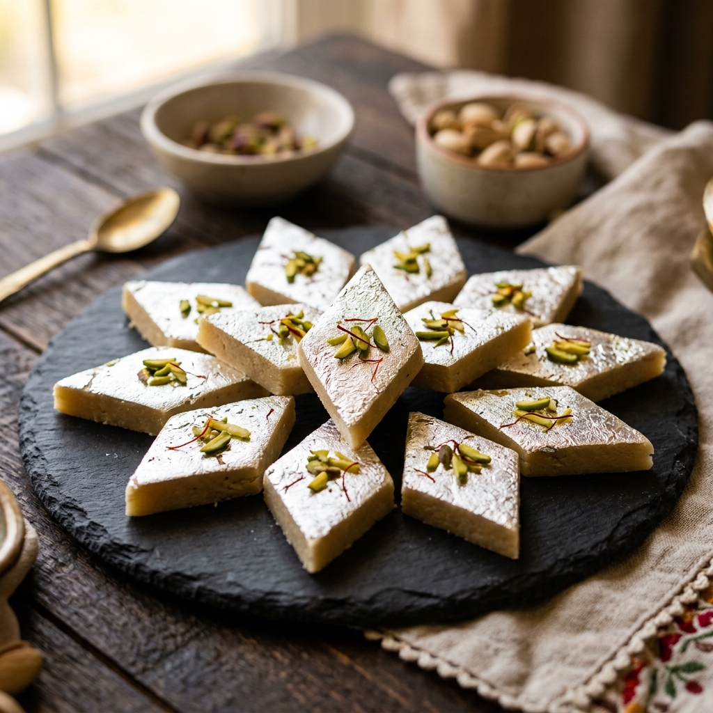 Diamond-shaped Kaju Barfi with silver foil and pistachio garnish