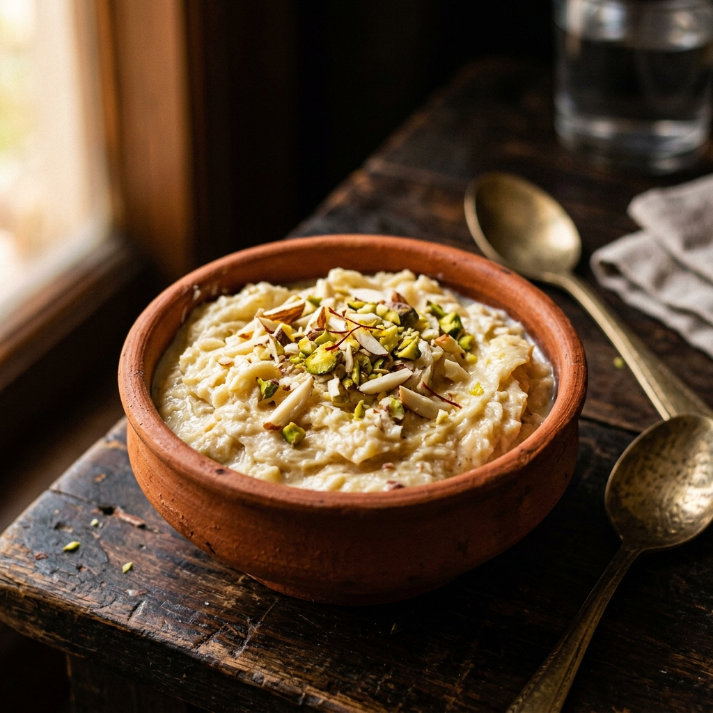 Creamy Malai Khurachan topped with almonds and pistachios